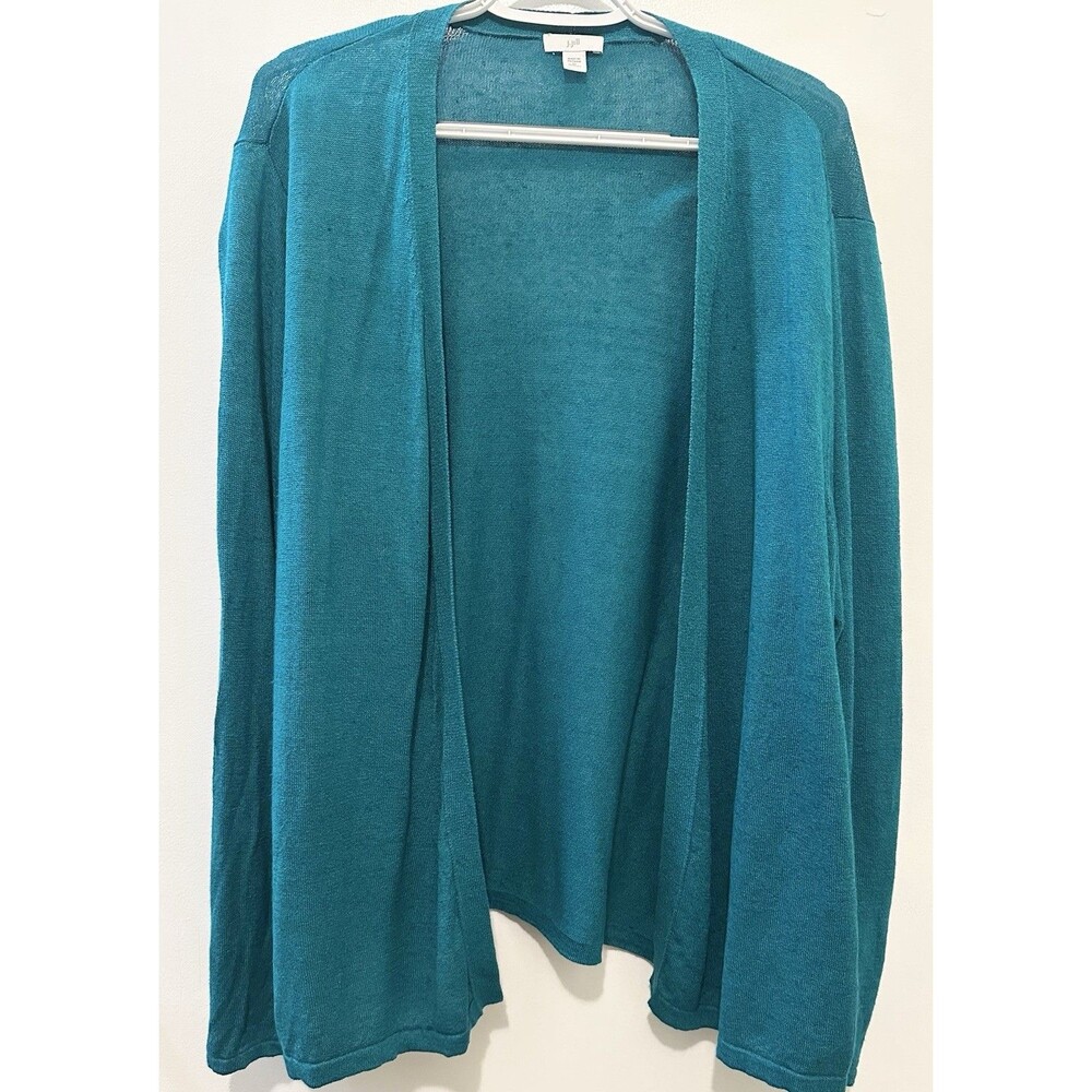 J. Jill Love Linen Lightweight Cardigan Aqua Sz Medium Beachy Linen Knit Preppy